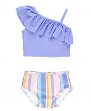 Cargar imagen en el visor de la galería, Rainbow Lane Stripe One Shoulder Ruffle Tankini