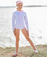 Cargar imagen en el visor de la galería, Girls Seersucker Long Sleeve One Piece Rash Guard