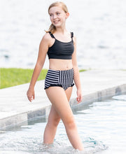 Cargar imagen en el visor de la galería, Black & White Stripe Flutter High Waisted Bikini