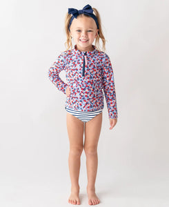 Red White and Bloom Long Sleeve Zipper Rash Guard 2-Piece