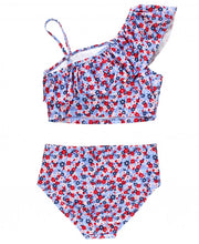 Cargar imagen en el visor de la galería, Red White and Bloom Tween One Shoulder Ruffle Tankini
