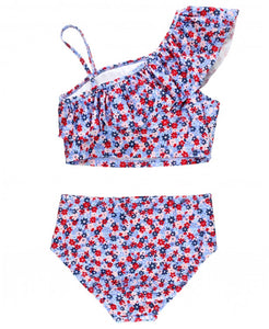 Red White and Bloom Tween One Shoulder Ruffle Tankini