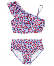 Cargar imagen en el visor de la galería, Red White and Bloom Tween One Shoulder Ruffle Tankini
