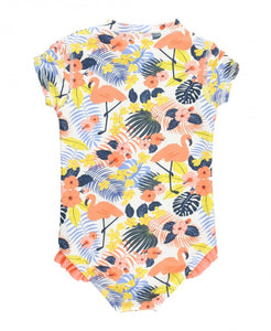 Girls Tropical Flamingo Short Sleeve One Piece Rash Guard