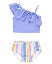 Cargar imagen en el visor de la galería, Rainbow Lane Stripe One Shoulder Ruffle Tankini
