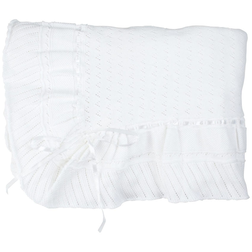 Pointelle Knit Ruffle Blanket - White