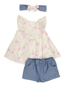 Floral Tunic Chambray Short Set With Headband