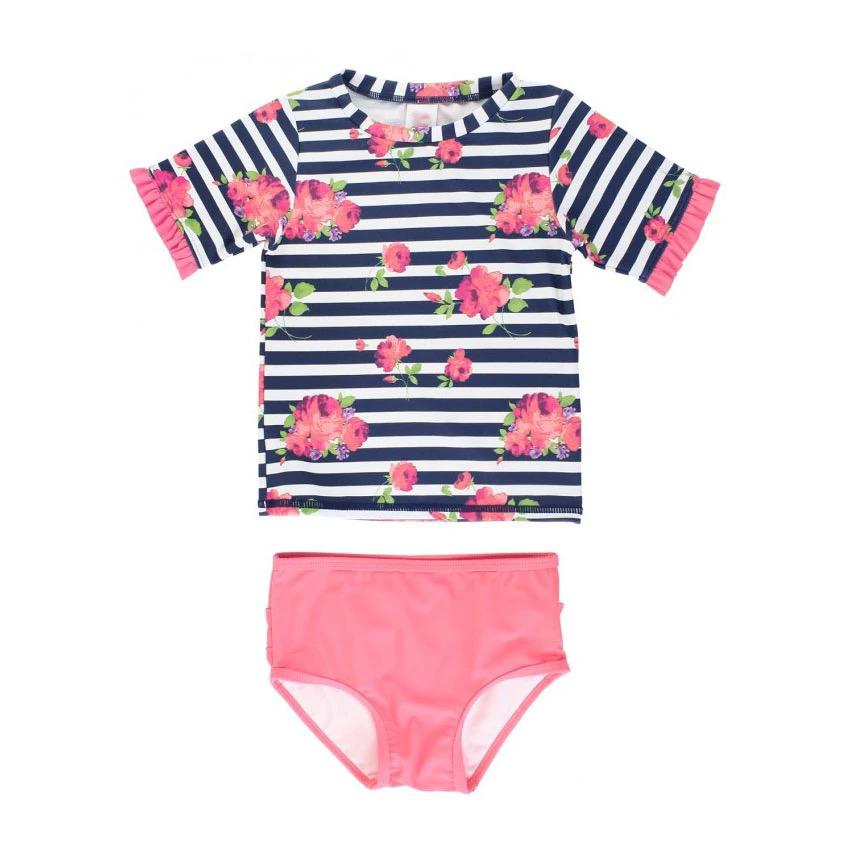 Rosy Floral Stripe Mid-Sleeve Rash Guard Bikini