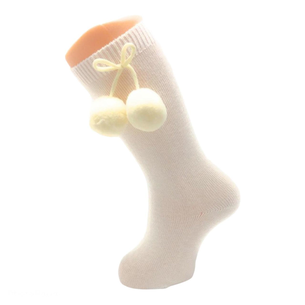 Cotton Knee High Socks with Pom Pom