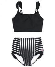 Cargar imagen en el visor de la galería, Black &amp; White Stripe Flutter High Waisted Bikini
