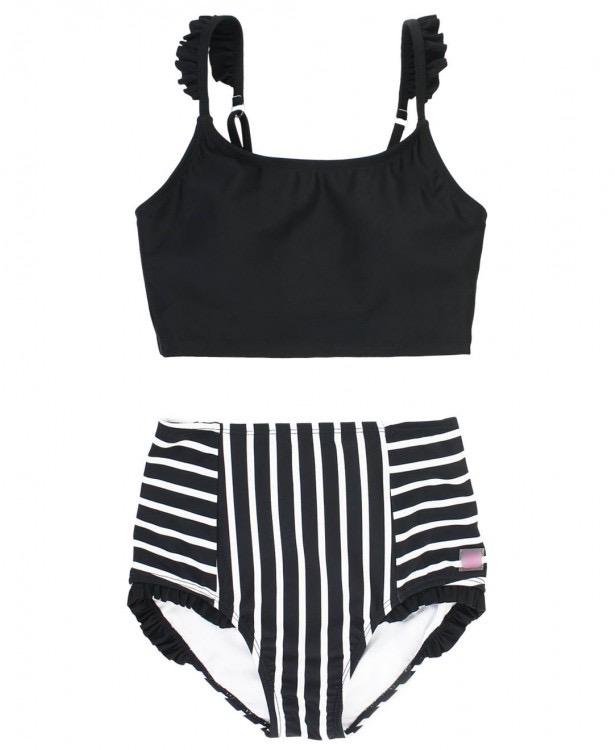 Black & White Stripe Flutter High Waisted Bikini