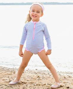 Girls Seersucker Long Sleeve One Piece Rash Guard