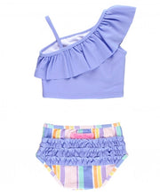 Cargar imagen en el visor de la galería, Rainbow Lane Stripe One Shoulder Ruffle Tankini
