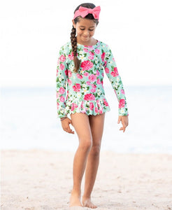 Rosy Sweetheart Peplum Long Sleeve Rash Guard Bikini