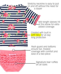 Rosy Floral Stripe Mid-Sleeve Rash Guard Bikini