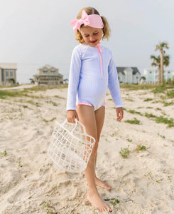 Girls Seersucker Long Sleeve One Piece Rash Guard