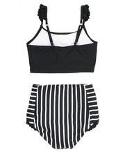 Cargar imagen en el visor de la galería, Black &amp; White Stripe Flutter High Waisted Bikini
