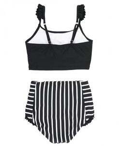 Black & White Stripe Flutter High Waisted Bikini